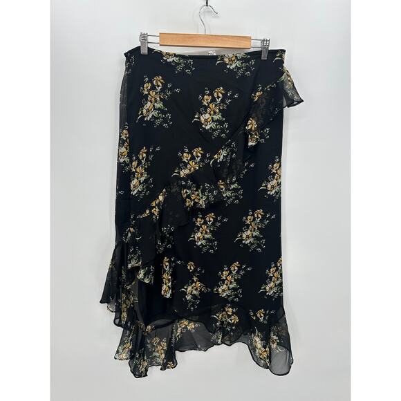 Luna Skies Midi Skirt Women XL Black Floral Ruffle Asymmetrical 90s Y2K Feminine - Picture 1 of 7